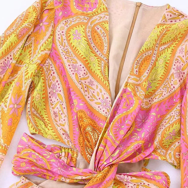 Willshela Women Fashion Printed Hollow Out Back Zipper Mini Dress Vintage V-Neck Long Sleeves Female Chic Lady Dresses