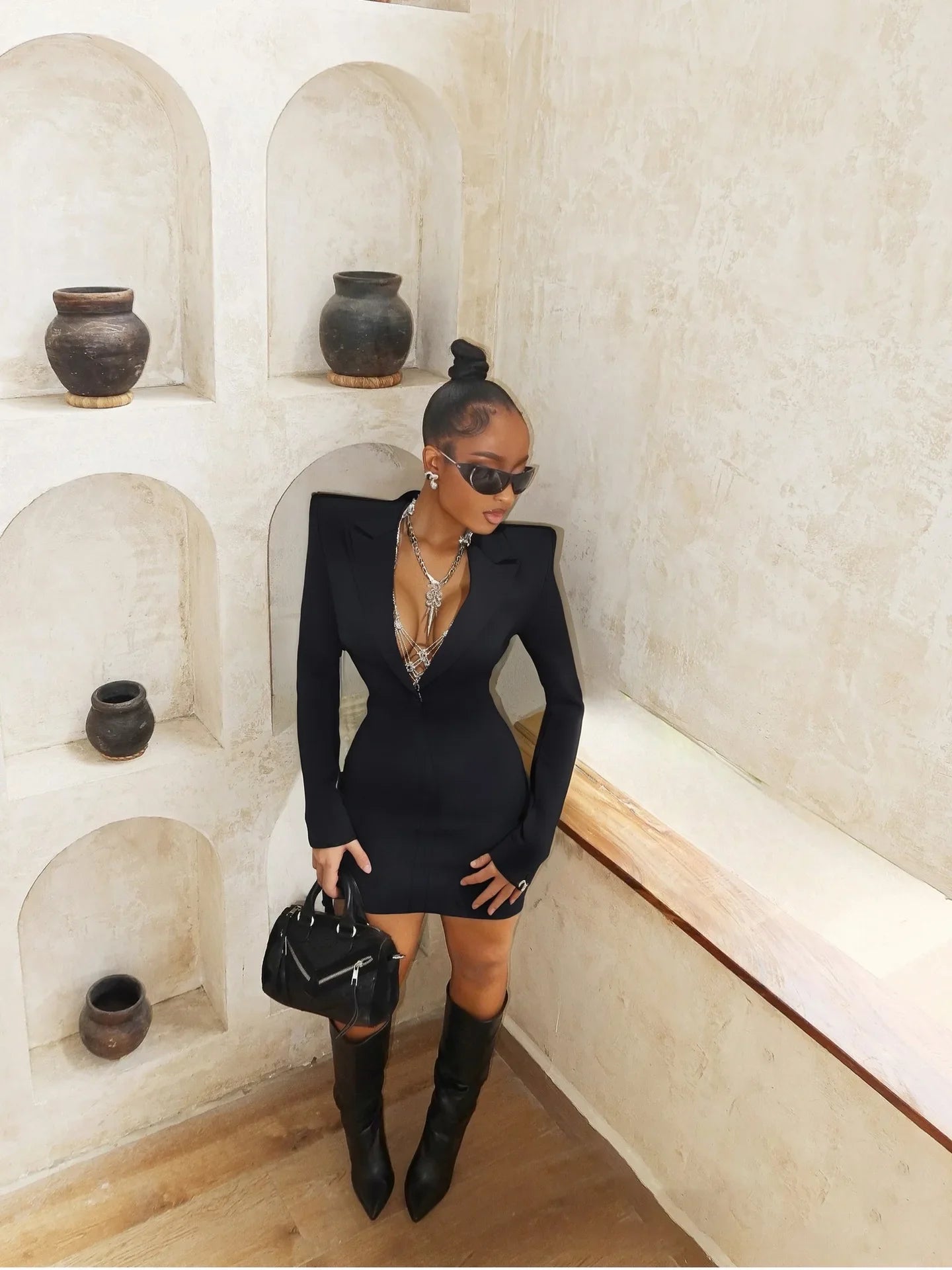 Women Long Sleeve Deep V-Neck Bodycon Mini Bandage Dress Celebrate Evening Party Nigthclub Birthday Outift