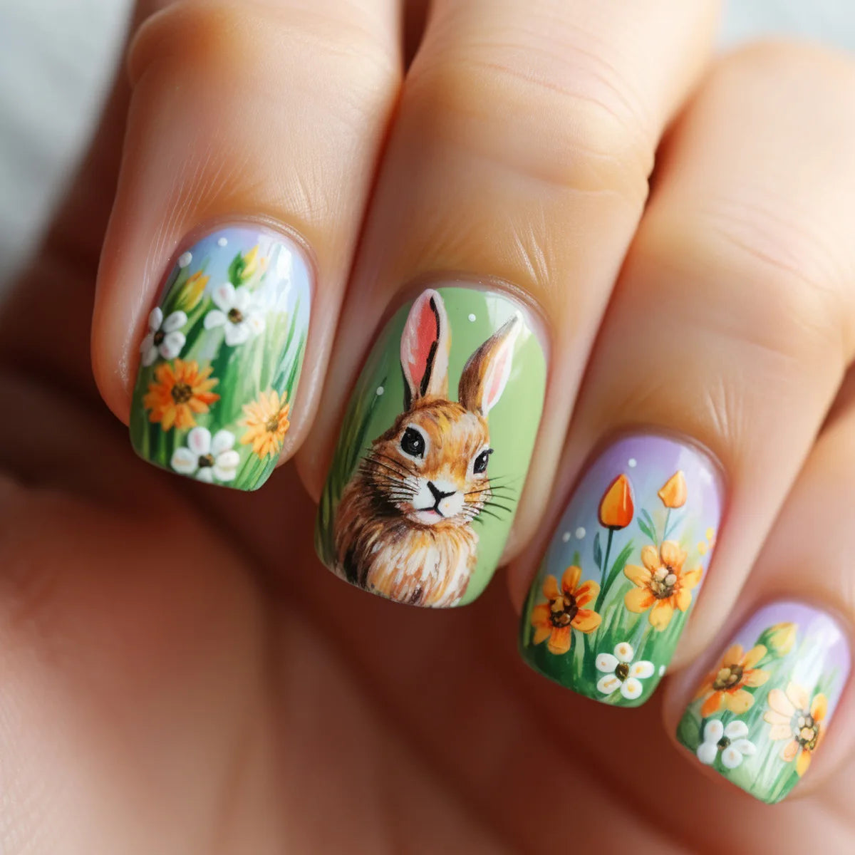 24pcs Easter Cute Rabbit Press On Nails Spring Daisy Flower Design Fake Nail Tips for Girl Women Wearable Short Cute False Nails