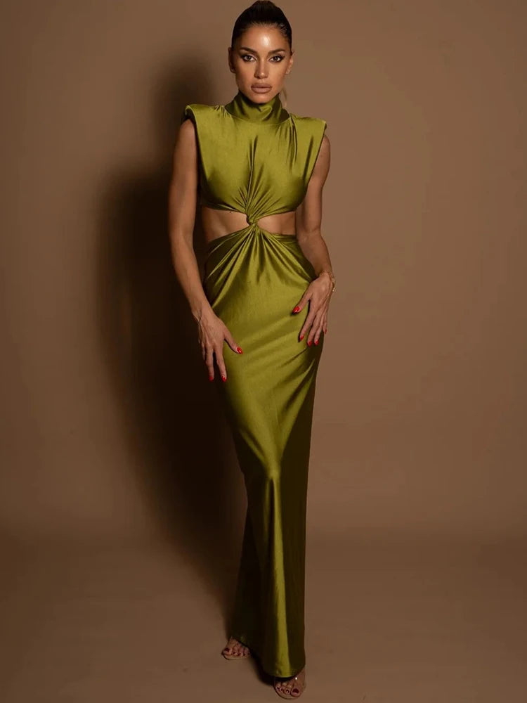 Hollow Out Turtleneck Sexy Maxi Dress For Women Fashion Solid Sleeveless Bodycon Tank Dresses Femme Club Party Dress