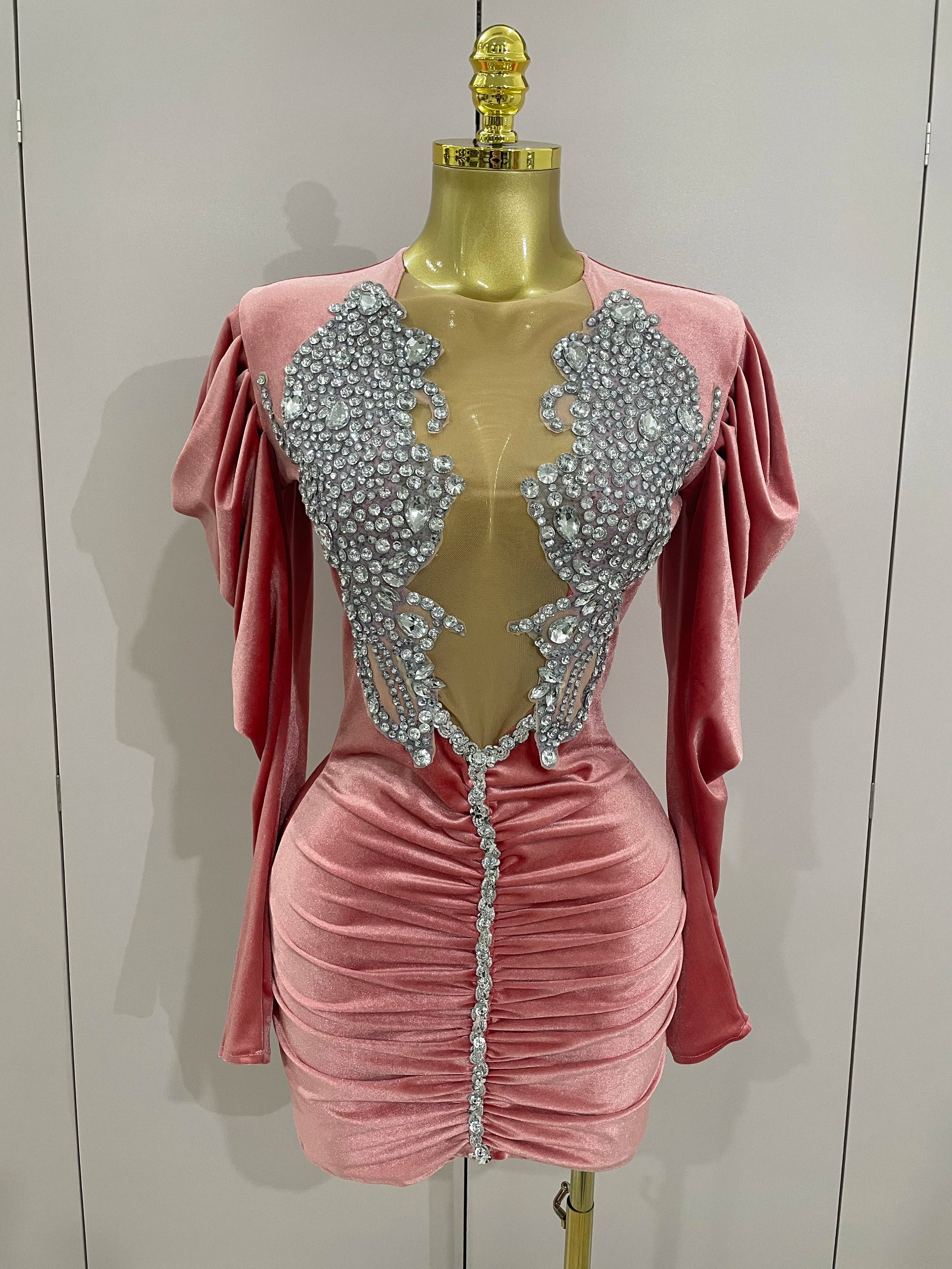 Luxury Sparkly Crystals Sexy Mesh White Velvet Short Dress 2025 Women Elegant Evening Prom Birthday Party Dresses Stage Costume