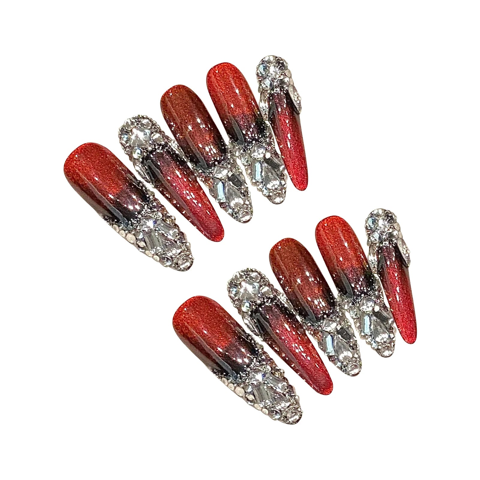 10 peças de unhas postiças super longas amêndoas vermelho-vinho, feitas à mão, brilhantes, com diamante, unhas francesas brilhantes, estilo olho de gato, unhas postiças de luxo