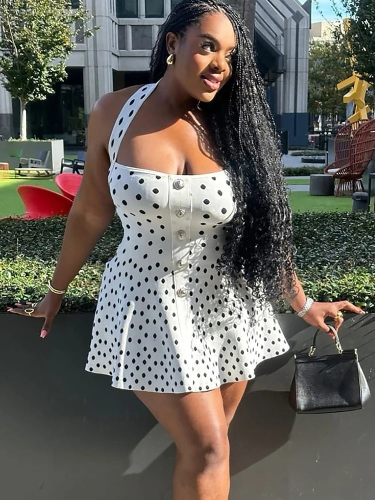 Halter Backless Polka Dot Dress For Women Fashion Square Collar Sleeveless High Waist A-line Knit Mini Dress Elegant