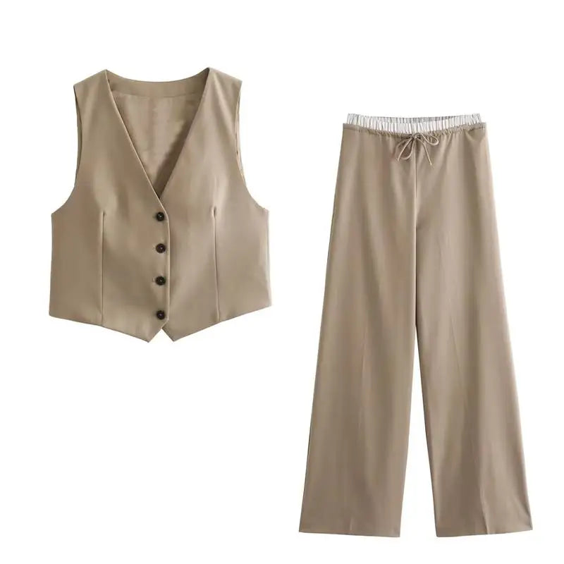 Women's Pants Set Summer New 2-piece Set Slim V-Necked Elastic Waist Pants Suit Chic Street Leisure Holiday Suit Khaki
