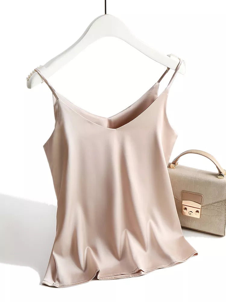 Spaghetti Strap Top Women Halter V Neck Basic White Cami Sleeveless Satin Silk Tank Tops Women'S Summer Camisole Khaki