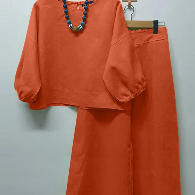 Summer Matching Sets 2PCS Women Urban Tracksuits 3/4 Sleeve O Neck Blouse & Wide Leg Pant Sets Holiday Suit Outfits