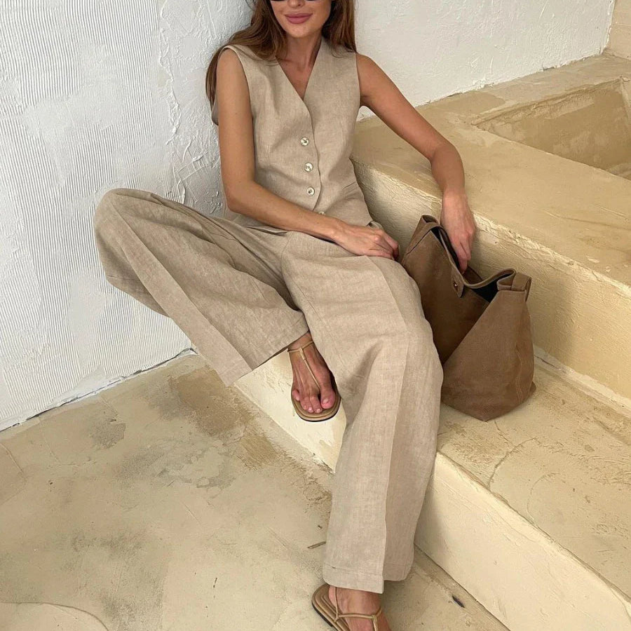 Wolfeel Womem Linen Cotton Chic Vest & Pants Suit Two-Piece Set Office Ladies Summer Chic 2 Piece Sets Womens Outfits