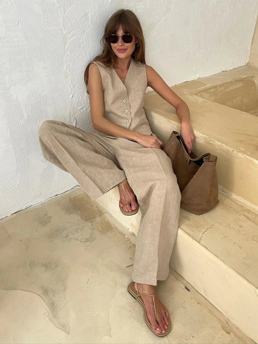Wolfeel Womem Linen Cotton Chic Vest & Pants Suit Two-Piece Set Office Ladies Summer Chic 2 Piece Sets Womens Outfits