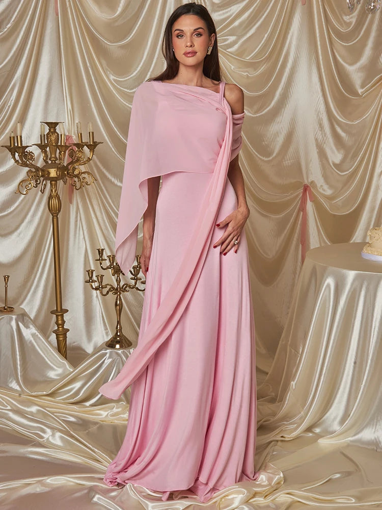 Pink Cape Sleeve Sexy Maxi Dress For Women Off-shoulder Backless Gown Elegant Skew Collar Lace-up Long Dress Vestido