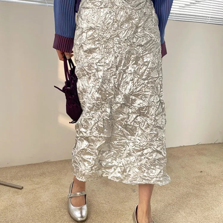Texture Long Silver Skirt For Women 2024 Summer Metallic High Fashion A Line Glitter Slit Midi Skirt Designer Clothes XXL