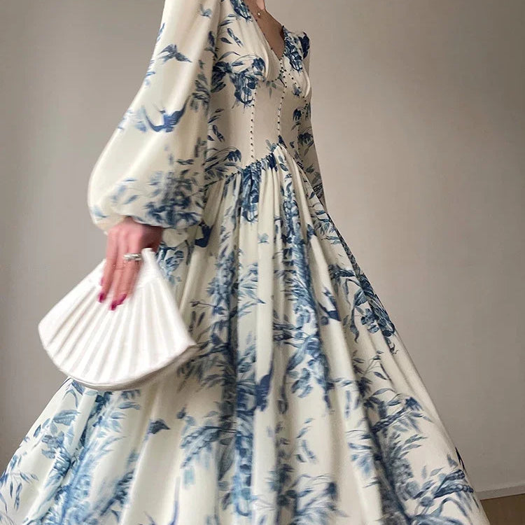 French Summer Midi Fashion Floral Beading High Waist A Line Party Dresses Women Vintage Elegant Lantern Sleeve Chic Casual Dress