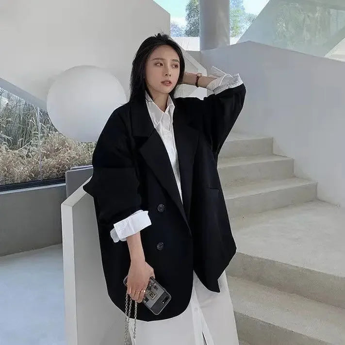 Blazers Women Minimalist Solid Outwear Loose Elegant Retro Official Fashion High Street Feminine All-match Spring Comfortable black
