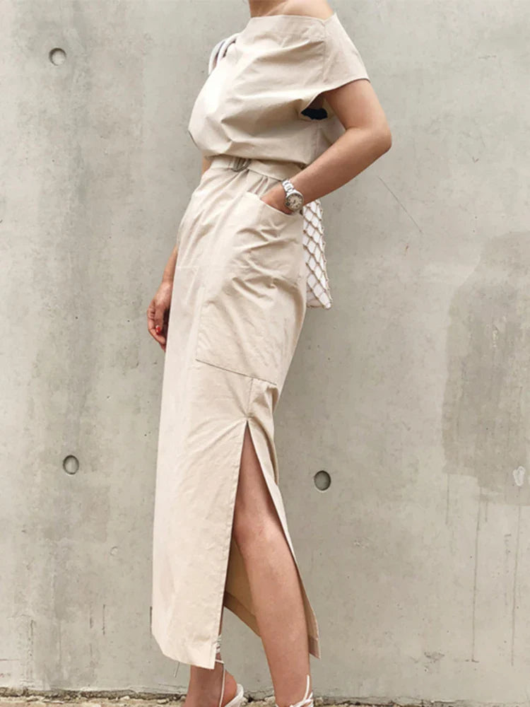 TWOTWINSTYLE Asymmetrical Sashes Dress For Women Slash Neck Short Sleeve High Waist Casual Dresses Female Fashion New Clothing