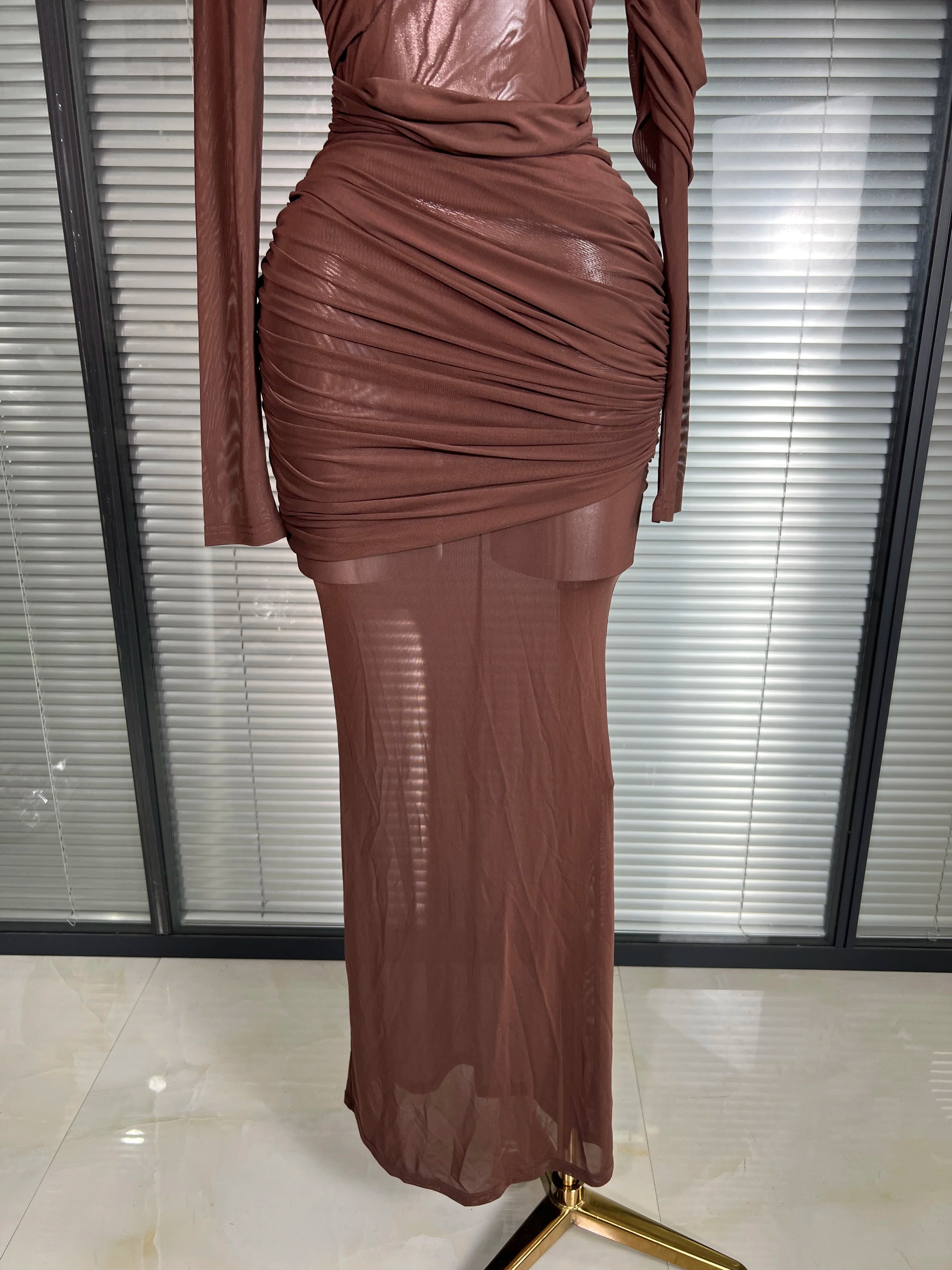 Summer New Women Sexy Long Sleeve Lace Mesh Ruched Maxi Dress Brown High Street Party Dress