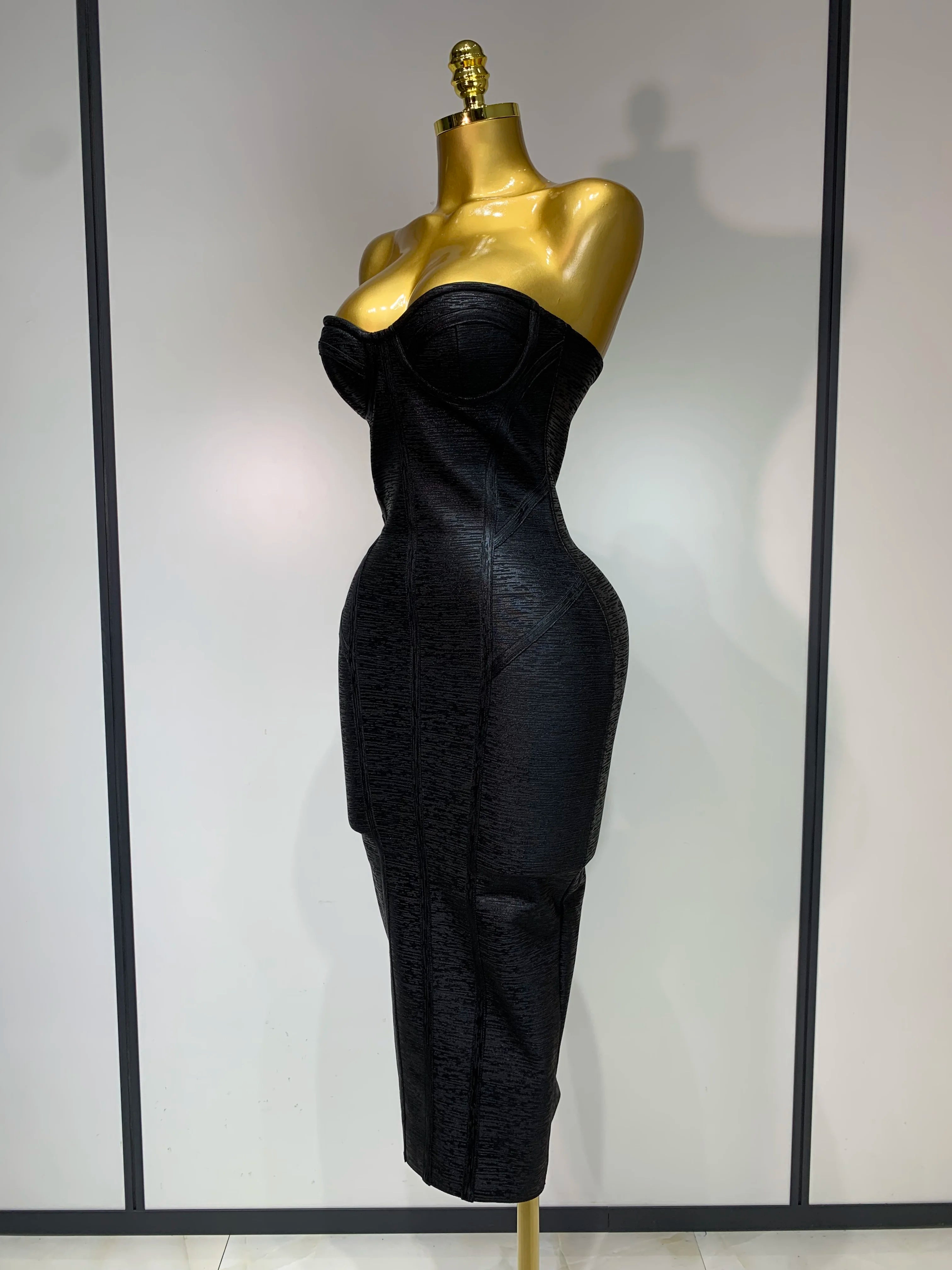 2025 New Women Sexy Strapless Black Foil Color Bodycon Bandage Dress Fashion Celebrate Evening Party Luxury Birthday Dresses