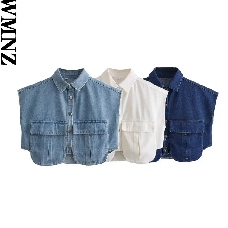 XNWMNZ Women Fashion Pockets Cropped Denim Shirts Sexy Sleeveless Button-up Female Blouses Blusas Chic Top