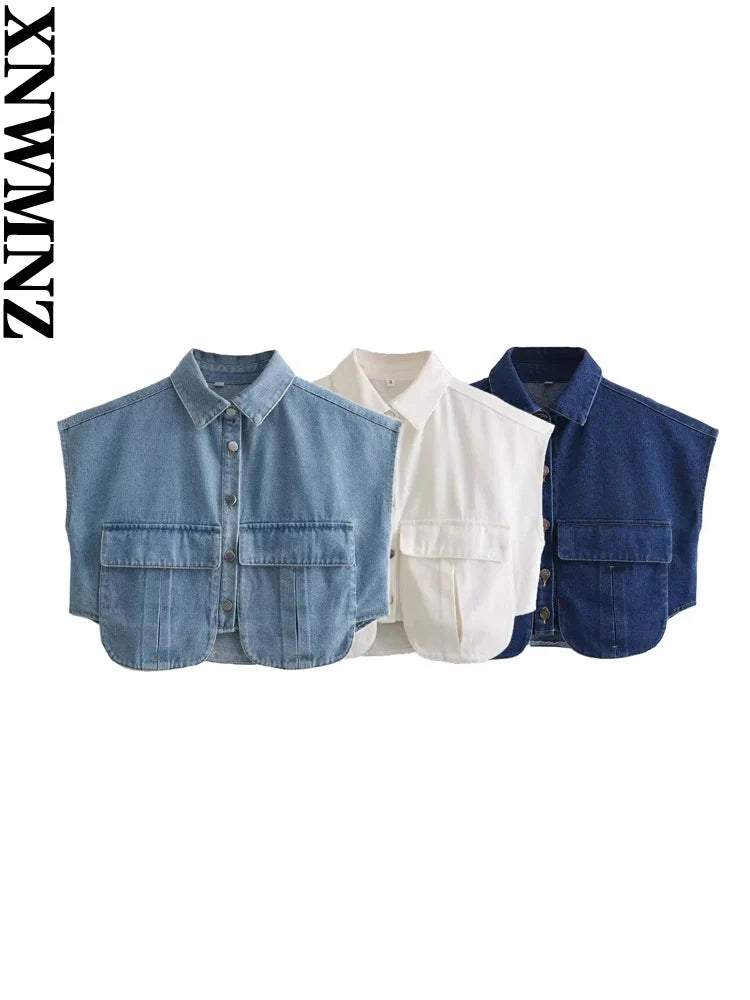 XNWMNZ Women Fashion Pockets Cropped Denim Shirts Sexy Sleeveless Button-up Female Blouses Blusas Chic Top
