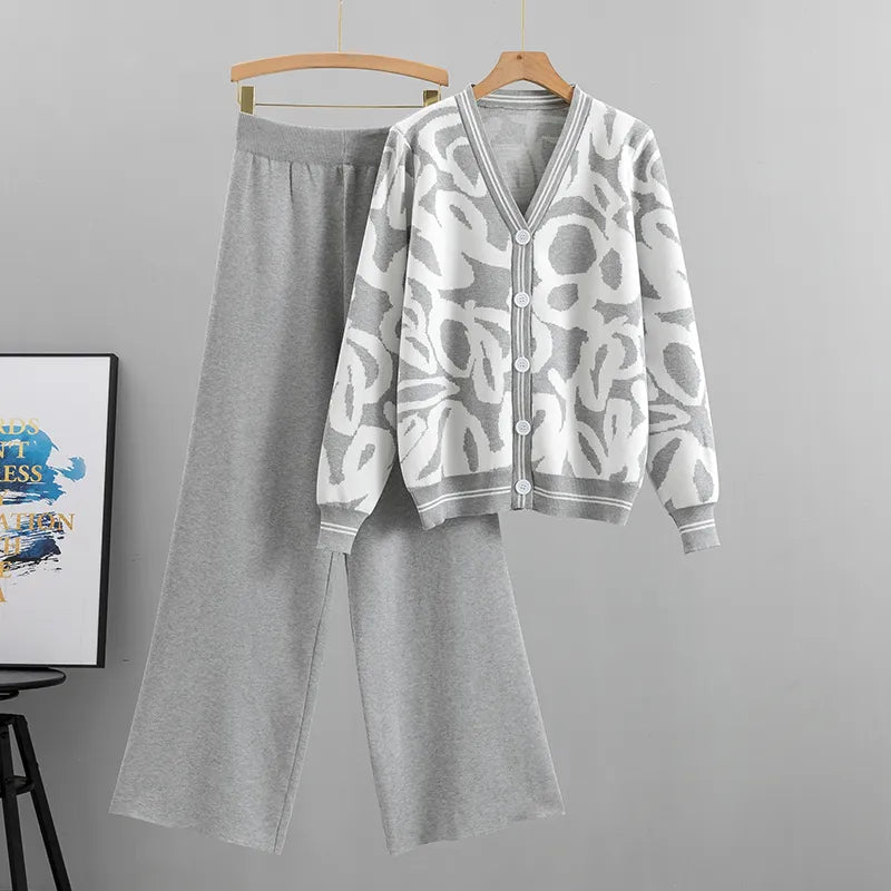 Women's Two Piece Set 2023 Autumn Winter New Fashion knit Long Sleeve Sweater Leisure Sweat Suit For Women Tracksuit Clothes GRAY One Size