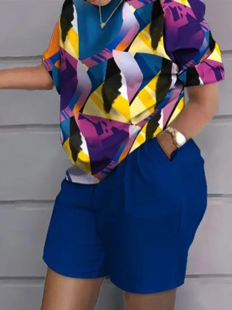 Plus Size 1XL-5XL New Women Fashion Colorful Tie Dye Print Two-piece Sets T-Shirt & Shorts Casual Round Neck Short Sleeve Suit