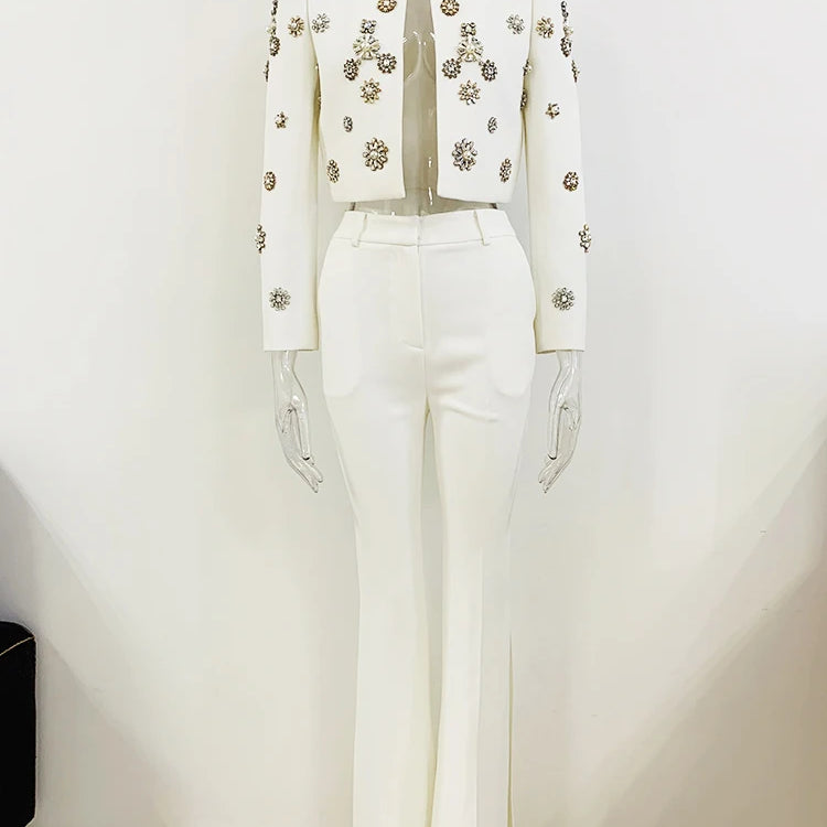 HIGH STREET est Fashion 2024 Designer Suit Set Women's Pearls Diamonds Rhinestone Beaded Trimed Jacket Flare Slit Pants Suit