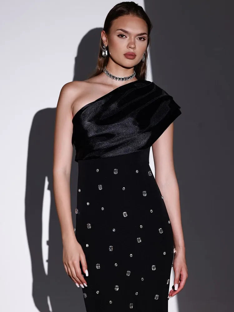 Vestido longo feminino sexy de um ombro só com losangos rosa e preto, longo, justo, elegante, para festa à noite