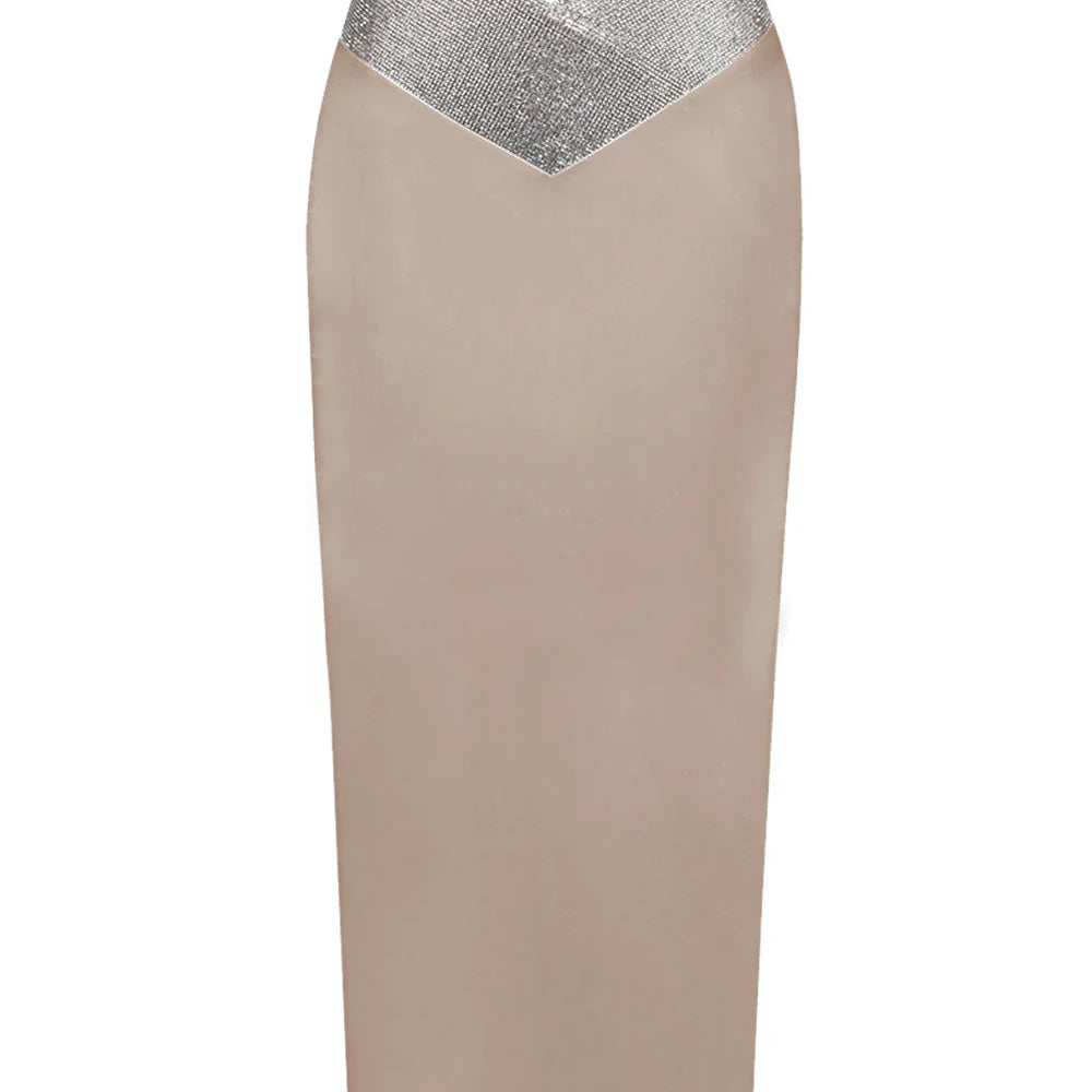 Saia midi bandagem justa branca e preta com cristais e diamantes, saia lápis de cintura alta para festa e boate, 77 cm