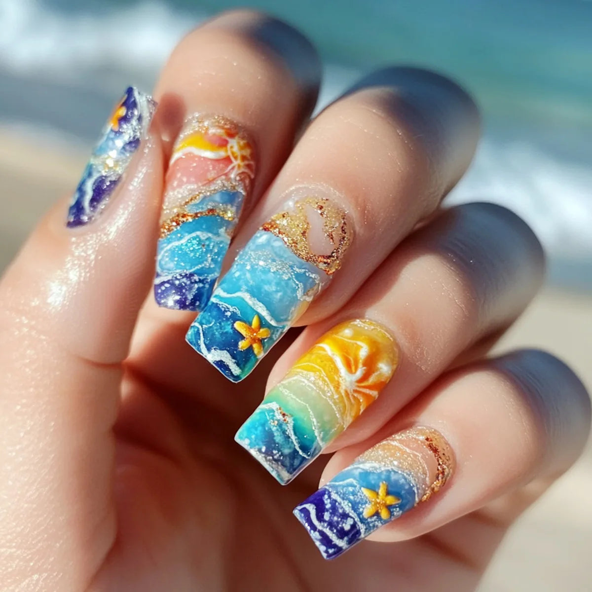24 peças unhas postiças quadradas estilo feriado, pó azul degradê com padrão de coqueiro, unhas postiças de pressão, ponta de unha francesa usável
