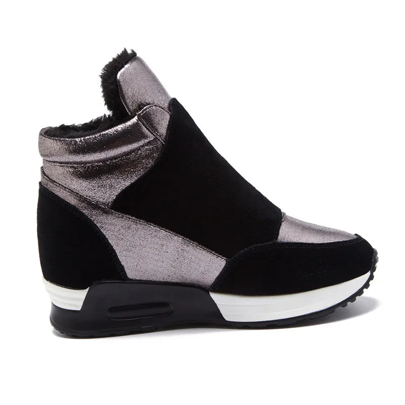 Snow Boots Women Autumn Winter Genuine Leather Warm Shoes Fashion Ladies High Top Sneakers Height Increasing 3cm