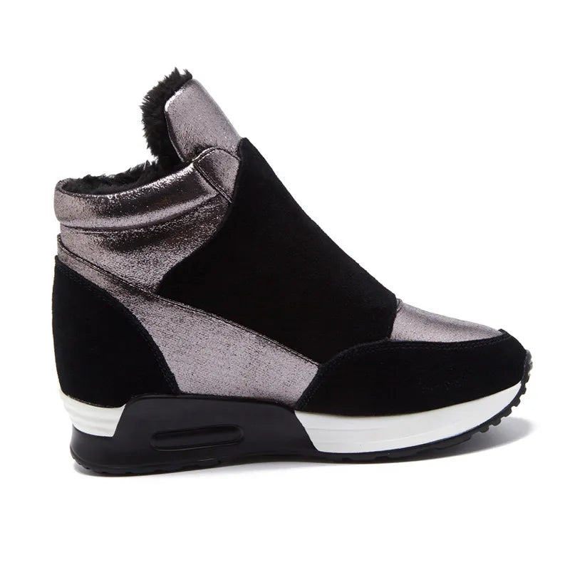 Snow Boots Women Autumn Winter Genuine Leather Warm Shoes Fashion Ladies High Top Sneakers Height Increasing 3cm