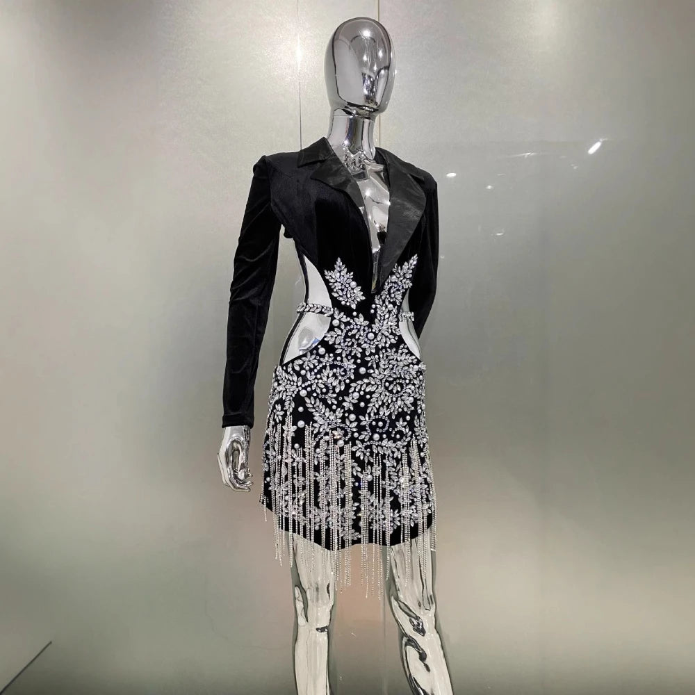 TWOTWINSTYLE Slimming Hollow Out Spliced Diamond Luxurious Dresses for Women Lapel Long Sleeve Patchwork Tassels Dress Female