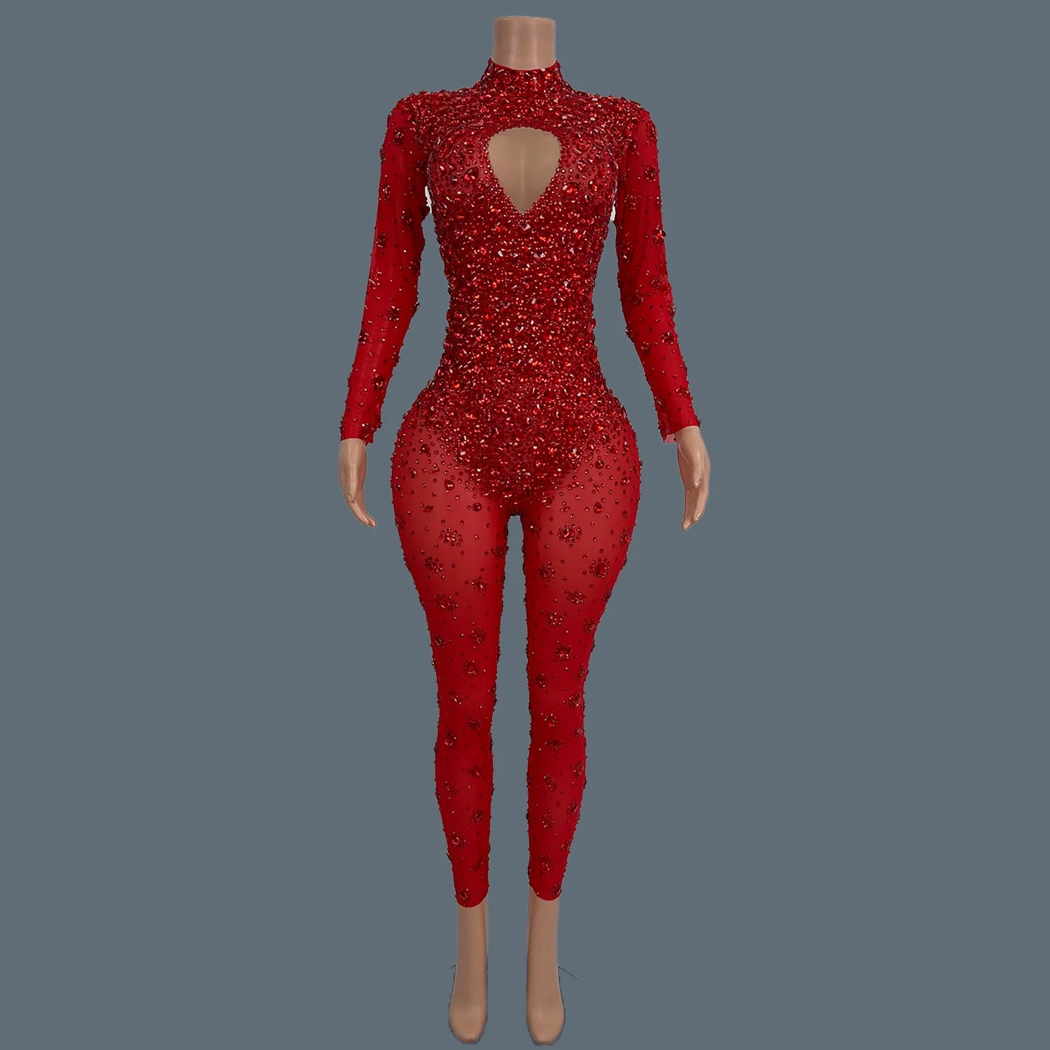Sparkly Rhinestone See Through Mesh Tight Fitting Jumpsuit Women Night Party Outfit Female Singer Stage Performance Wear Cuican