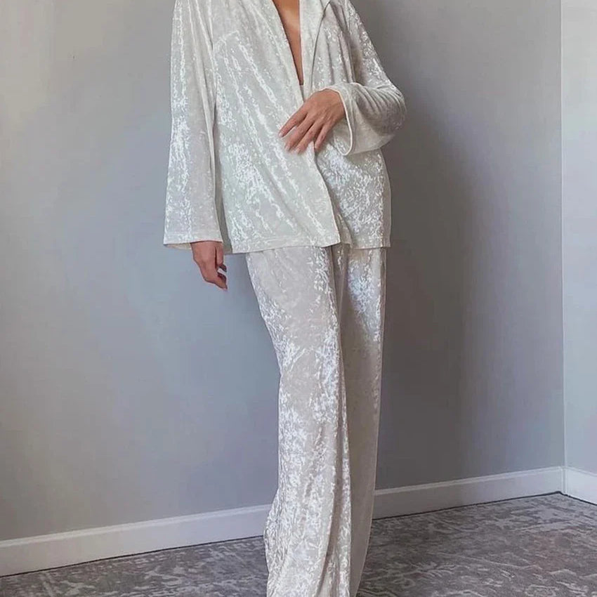 Clacive Winter Loose Home Suits Fashion White Velvet Pants Set Elegant Lapel Long Sleeve Blouses Two Piece Sets Womens Outifits
