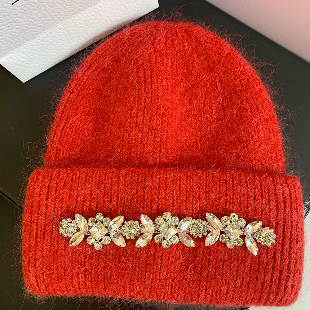 Real Rabbit Fur Knitted Hats for Women Winter Warm Beanie Luxury Rhinestones Bonnet Lady Outdoor Skiing Skullies Beanies Caps red