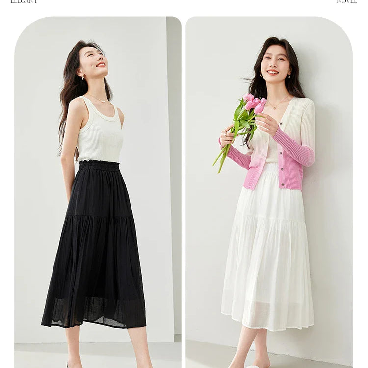 Vimly Black Elegant A-line Women's Midi Skirt Spring Simple Elastic Waist Solid Thin Female Skirts Women's Clothing M6079