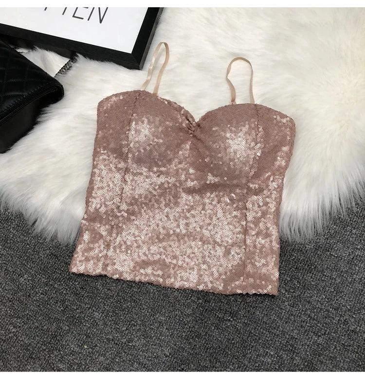 Women's Fashion Sexy Women Nick Sparkling Sequins Vest Harness At Night Binder Chest champagne One Size
