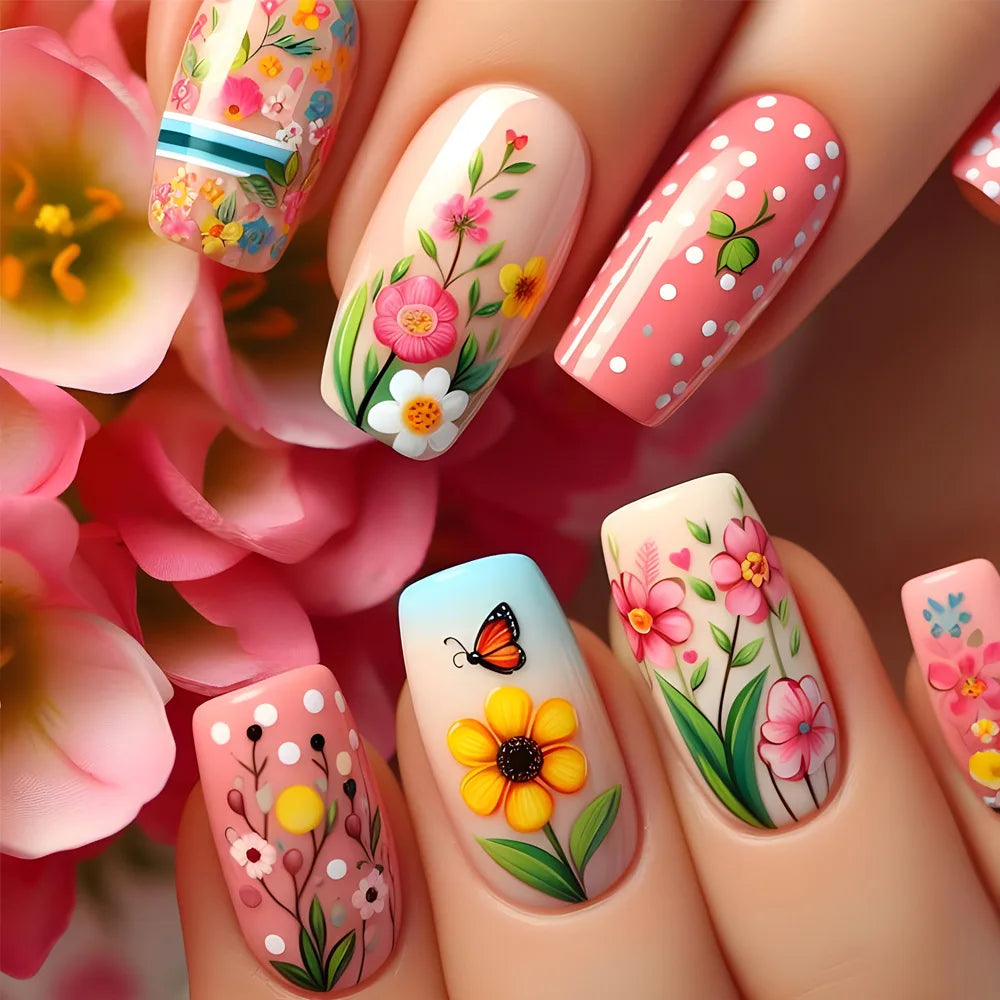 24Pcs Mid-length Ballet Fake Nails Pink Gradient with Spring Flower Sea Design Wearable Press on Nails Acrylic Nail Tip Manicure