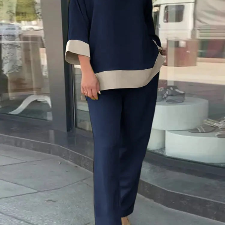 Fashion Women Casual Elegant Pants Sets Spring Summer Loose Outfits Oversized Lady Holiday Solid Patchwork Tracksuit Dark Blue