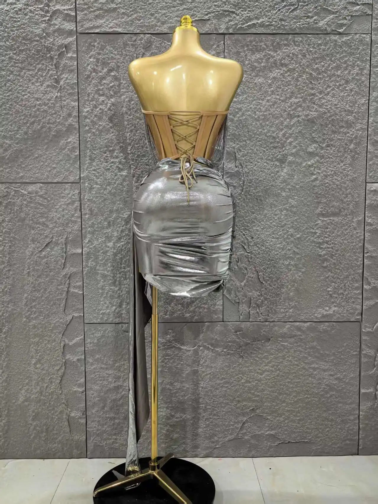 Silver Color Women Sexy Strapless Tassels 2 Pieces Bodycon Mini Dress Nightclub Party Bar Singer Celebrate Performance Costume