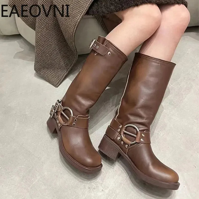 Knee High Boots Women Fashion Slip On Ladies Low Heel Knight Boots Autumn Winter Women's Biker Booties