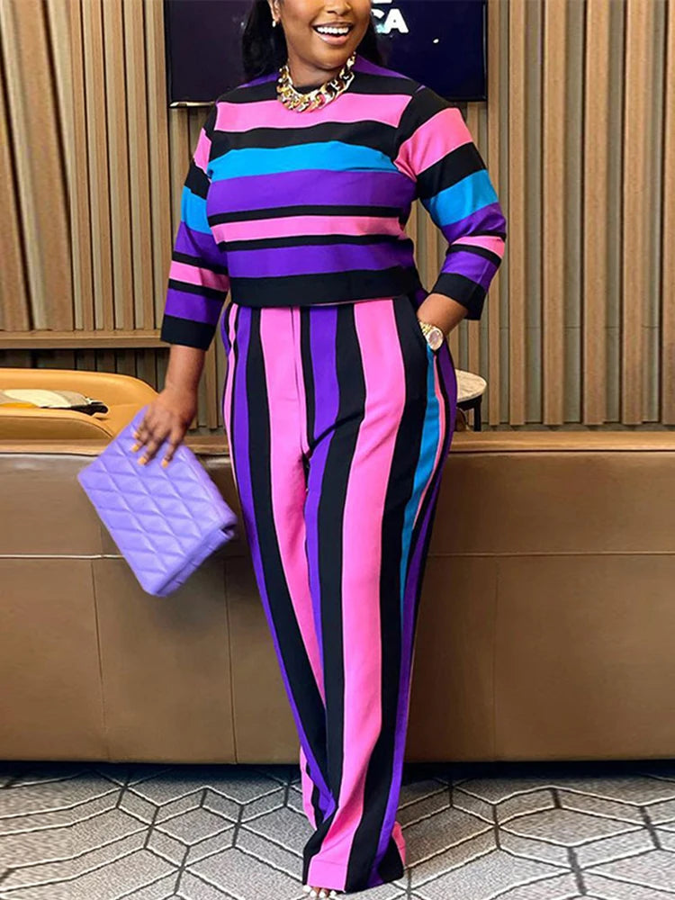 Curvy Woman Clothes Plus Size Autumn 2 Piece Outfit Set Elegant Pants and Blouse Set Ladies Casual Outfits
