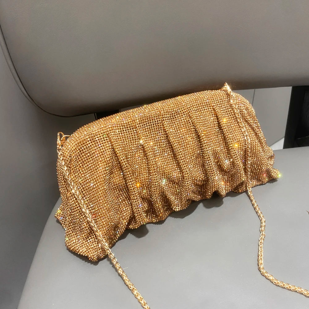 Shiny Rhinestones Handmade Evening Clutch Bags New Folds Purses And Handbags Luxury Designer Wedding Party High Quality Gold
