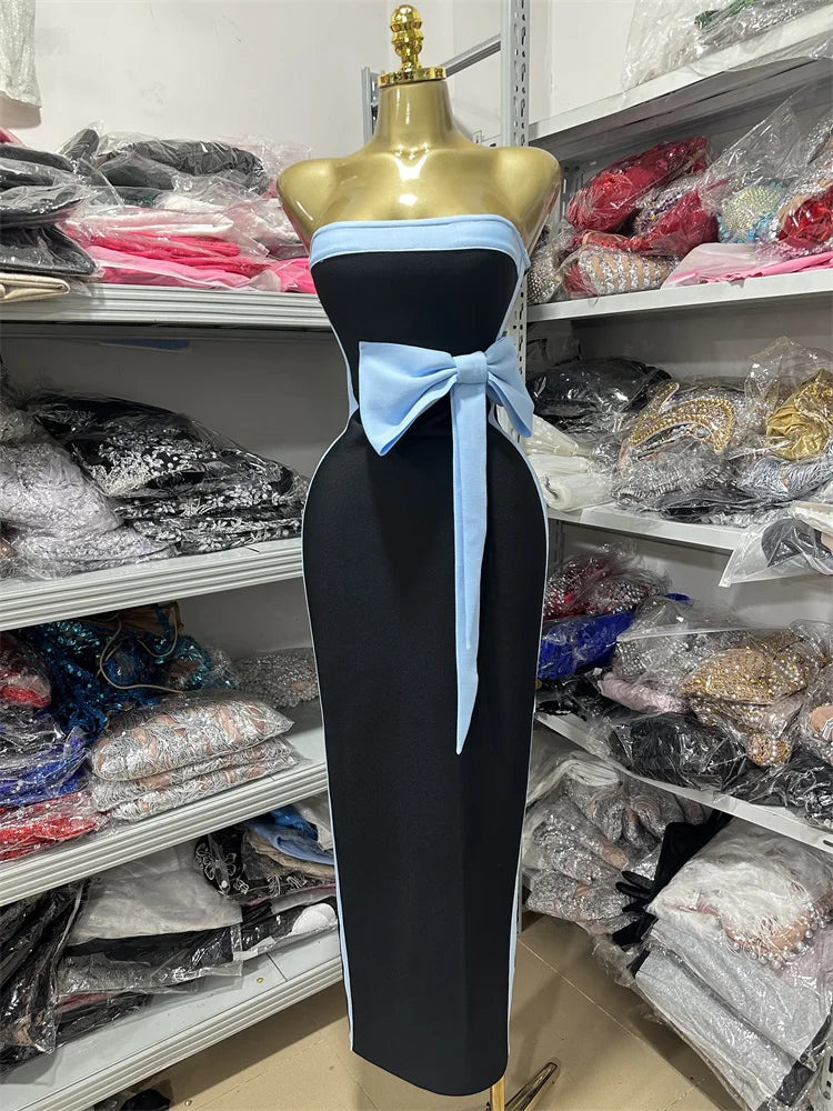 High Quality Women Sexy Strapless Off the Shoulder Bow Bodycon Long Bandage Dress Nightclub Party Celebrate Birthday Outfit