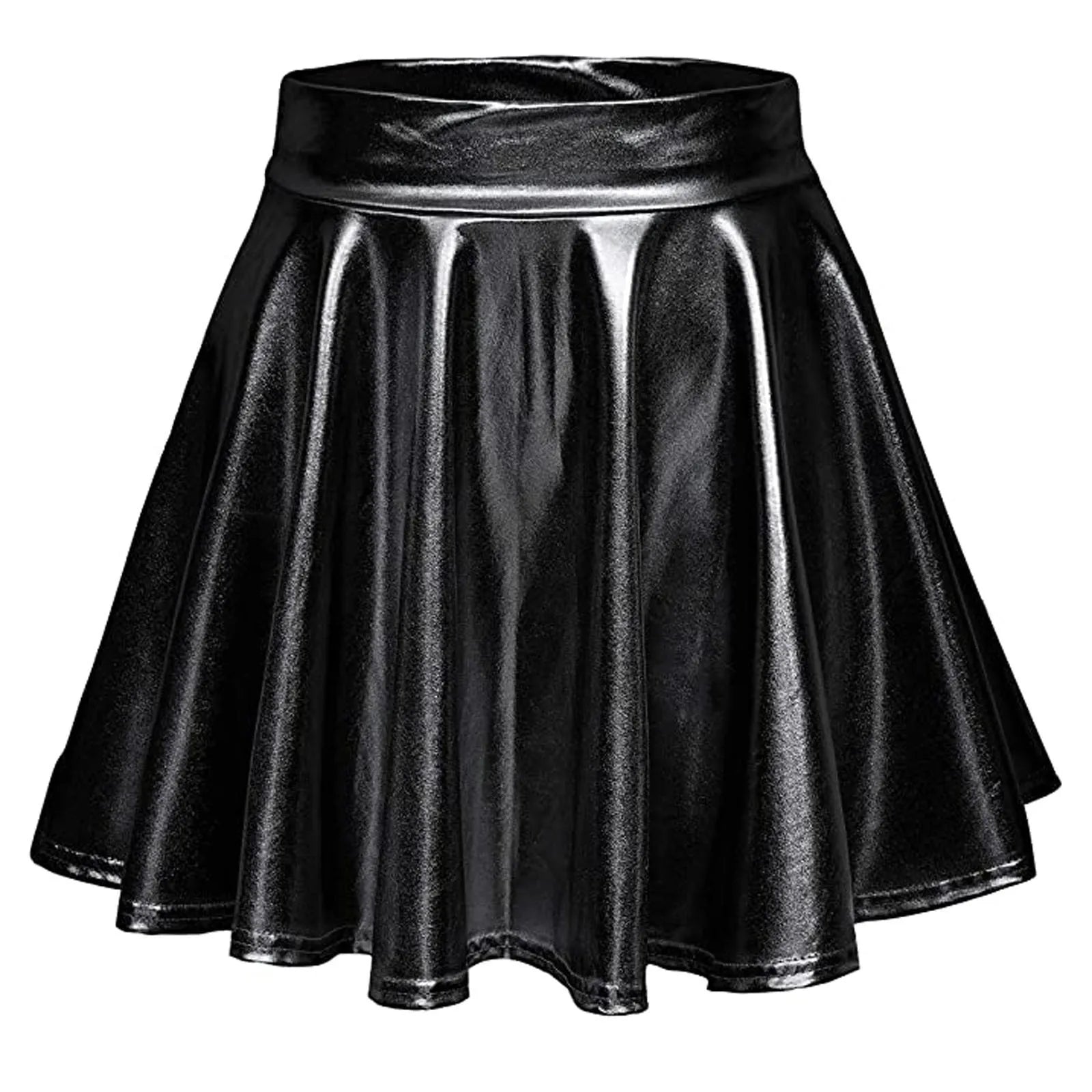 Women Shiny Metallic Pleated Skirt Stretchy High Waist A-Line Mini Skirts for Carnival Party Performance Nightclub Rave Dance Black