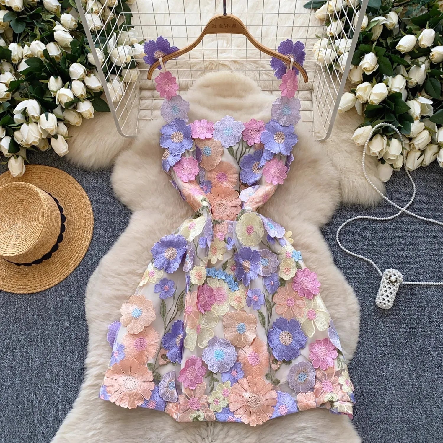 Summer Holiday Hollow Out Flower Embroidery Dress Women's Square Collar Sleeveless Mesh Flower Bohemain MIni Robe Vestidos