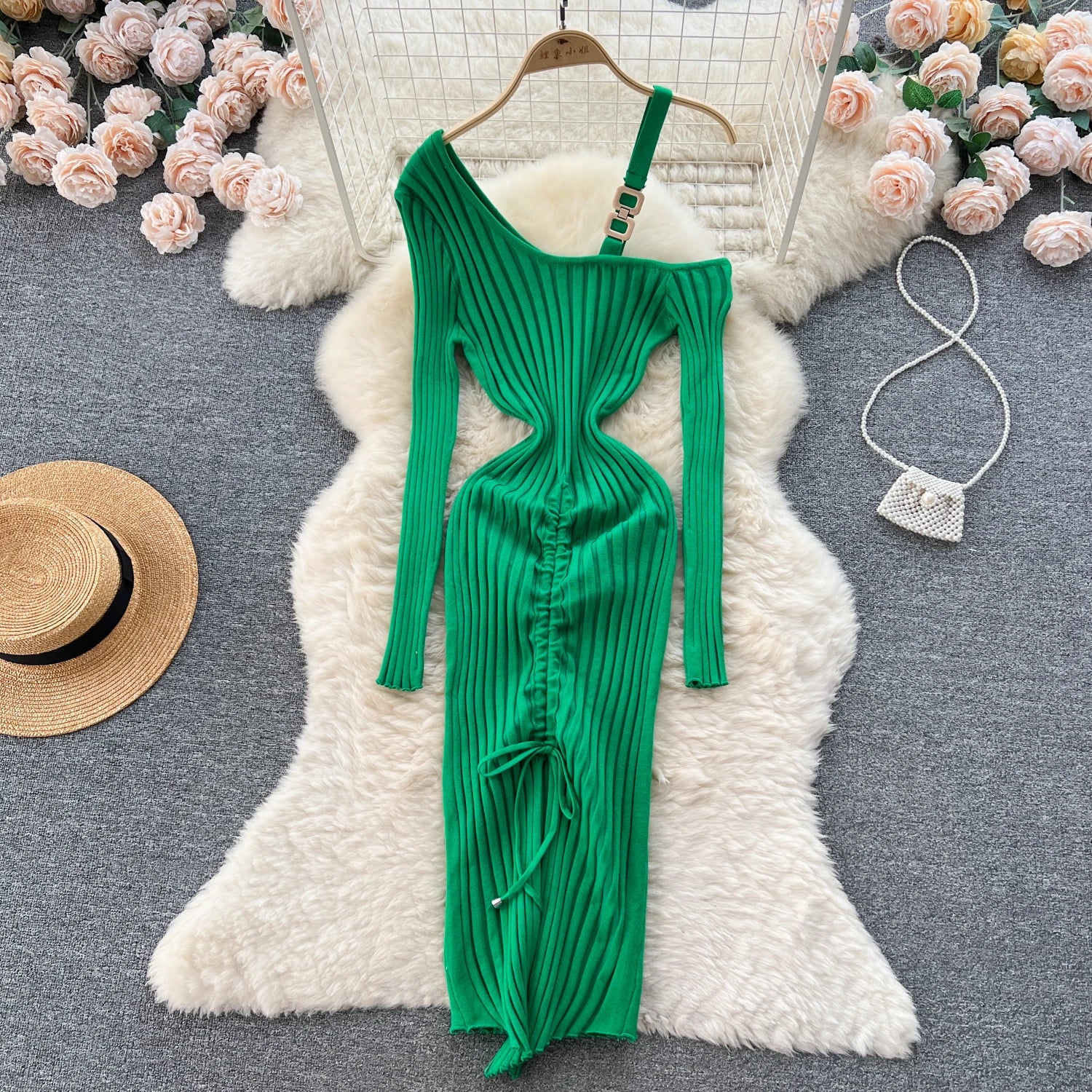 Women Dress Autumn Winter Sexy Package Hips Bodycon Dress Chic Fashion Luxury Knitted Dress Party Vestidos green One Size