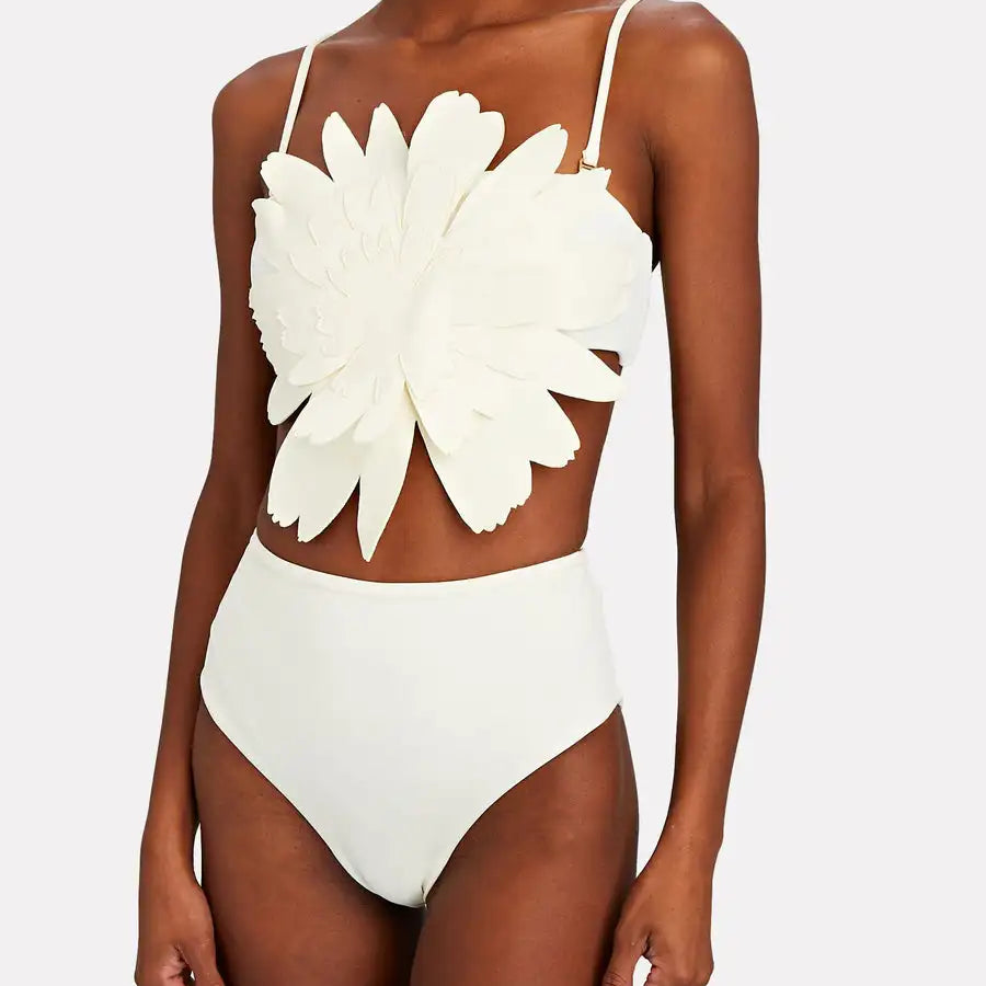 White Floral Female Bikini One Piece High Waistline Swimsuit Tight Fitting Backless Swimwear 2024 Women Stylish top 2