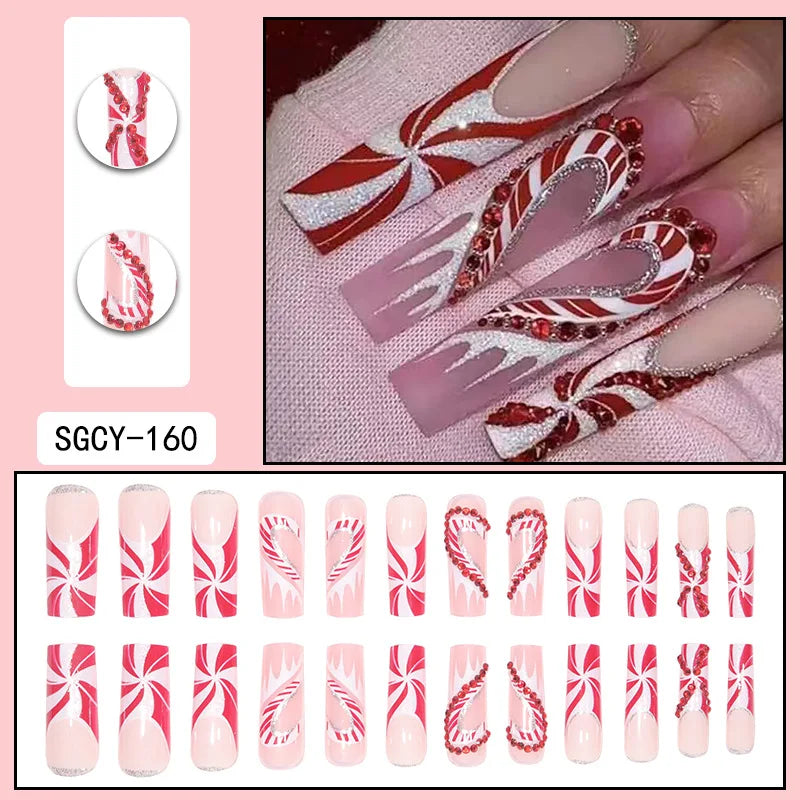 Christmas Gifts False Nails Glitter Red Rhinestone Ribbon Designs Fake Nail Patch Long Coffin Ballet Wearable Press on Nails Tip 3