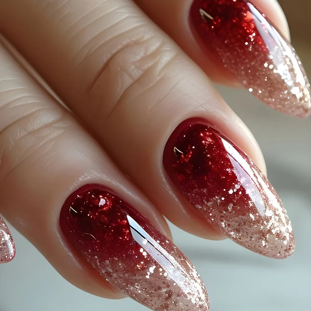 24Pcs Gradient Red Press on Nails with Sequin Glitter Long Almond Fake Nail Wearable Stiletto Nails Art Artifical False Nails