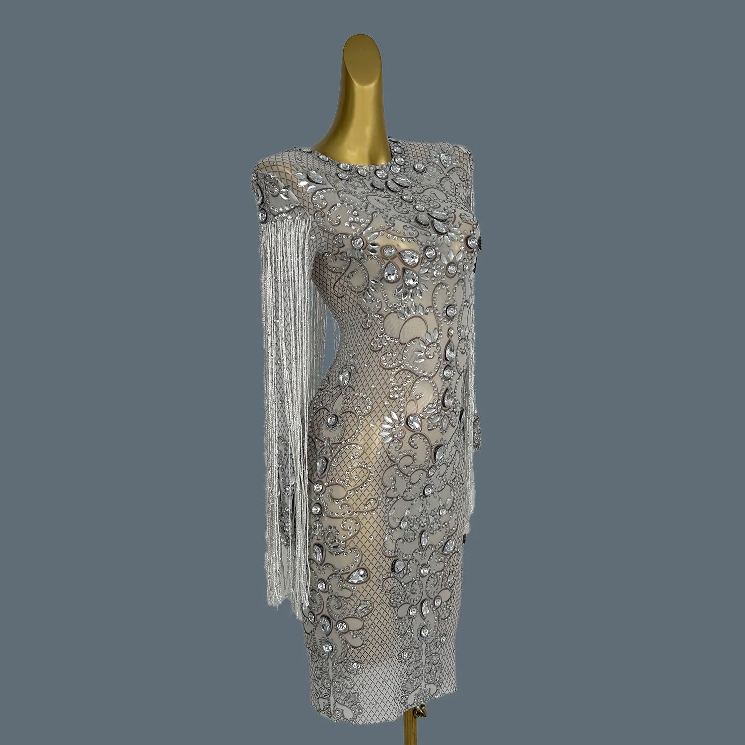 Women Sparkly Diamonds Fringes Short Dresses Evening Prom Celebrate Dress Sexy Mesh Singer Dance Show Stage Wear Hualan