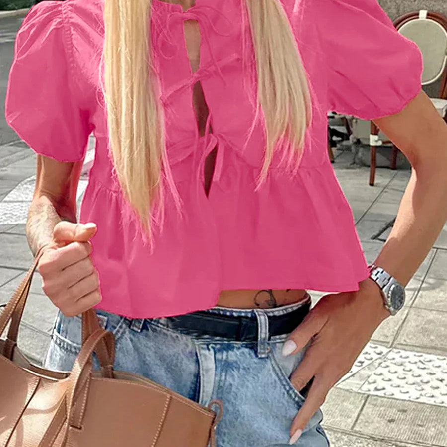 wsevypo Chic Summer Babydoll Shirts Solid/Stripe Short Women's Puff Sleeve Round Neck Tie-Up Front Peplum Blouses Top for Street